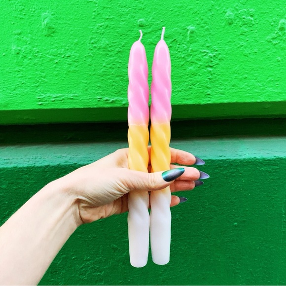 Set of 2 Taper Candle in Pink Yellow White | Spiral Unscented Aesthetic Dinner - Picture 4 of 5